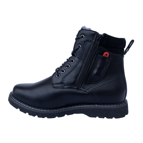 Black boot with a red label on a white background