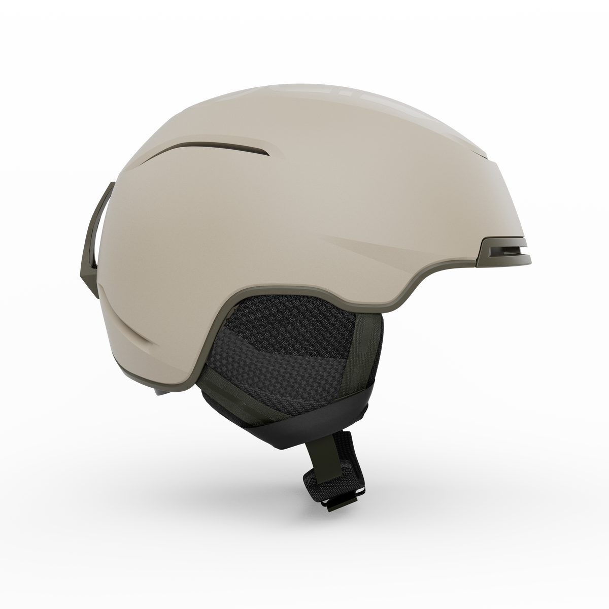 Beige helmet with black interior and strap on a white background