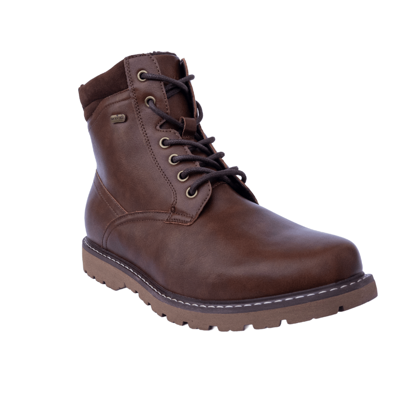 Brown mens snow boot leather boot on a white background