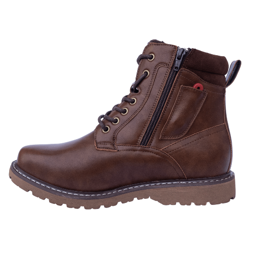 Brown leather boot with a zipper on a white background