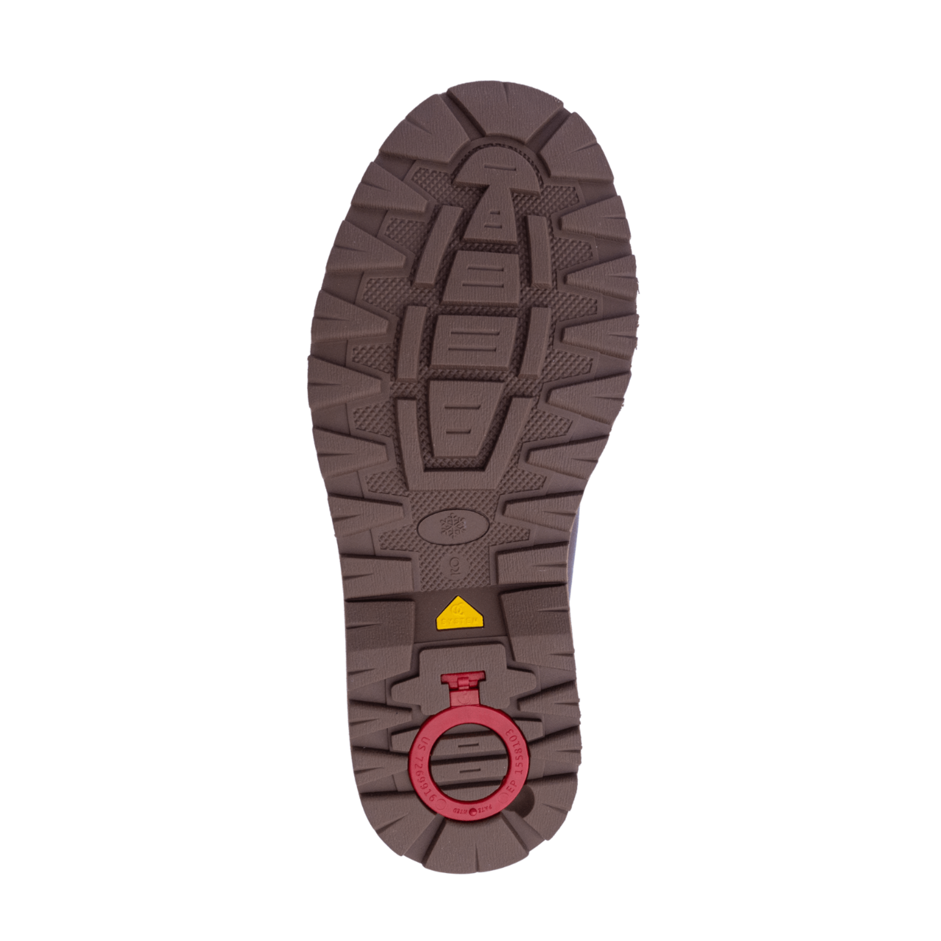 Shoe sole with tread pattern and brand logo on a white background