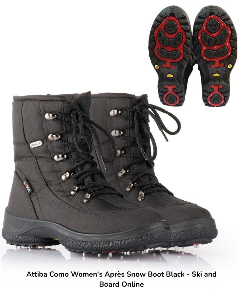 Black Attiba Como Women's Après Snow Boot shown from the side and bottom, featuring metal eyelets, laces, and ski/board spikes on the sole, with a second boot shown from the sole view in the upper right.