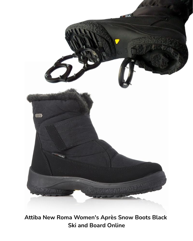 Black Attiba New Roma women's snow boots with ski and board bindings shown on a white background, featuring a side profile and a top-down view of the sole with bindings attached.