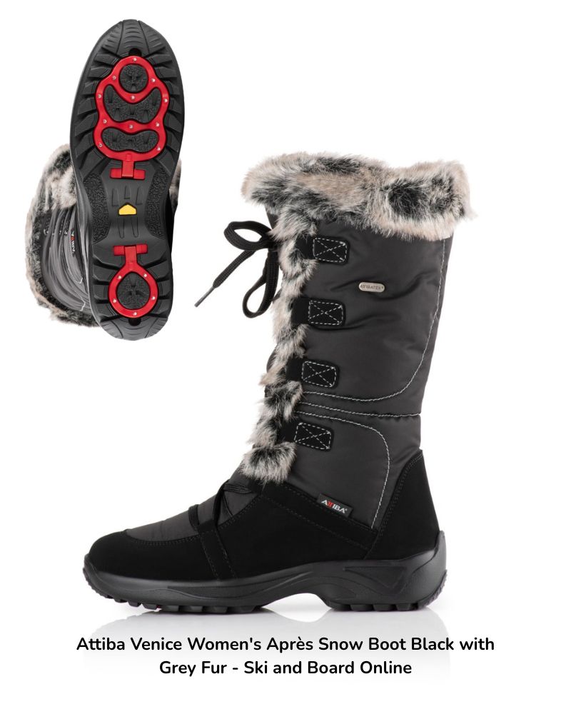 Attiba Venice women's apres snow boots with fur and flippable spikes for grip in the snow