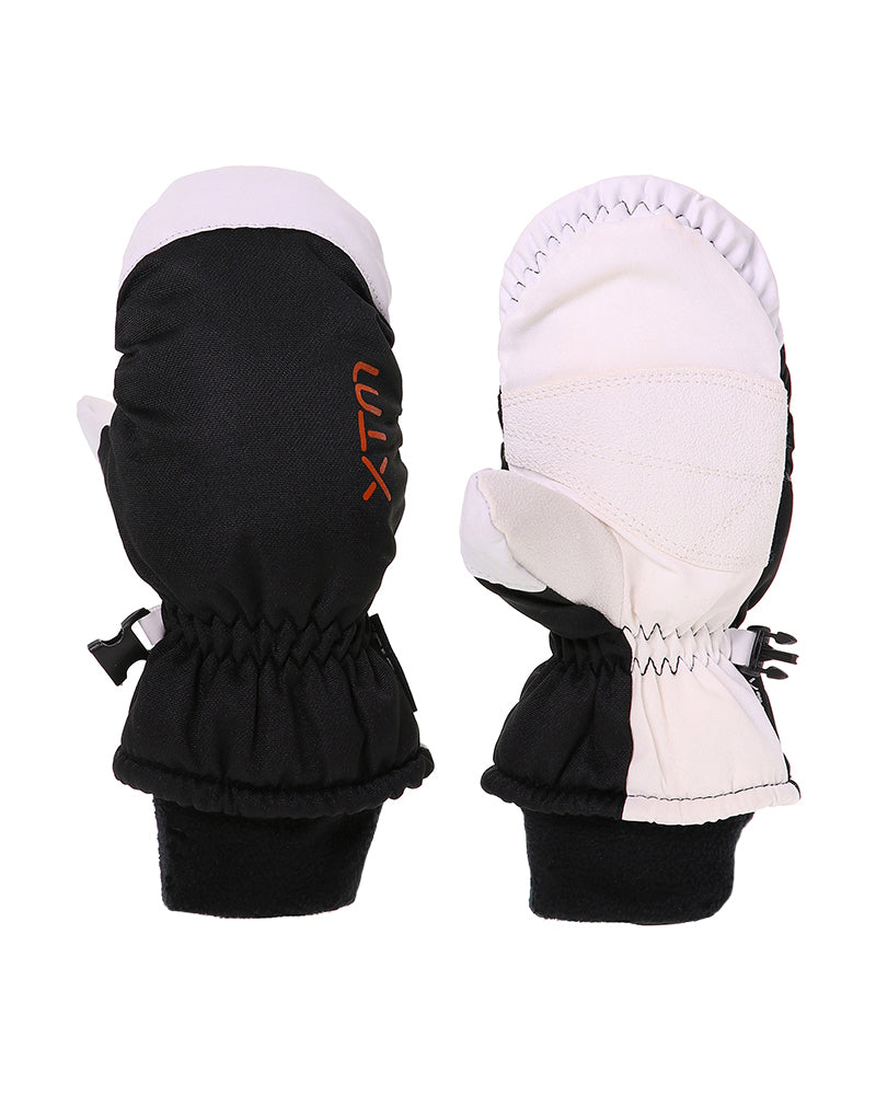 Black and white mittens with XTM logo on a white background