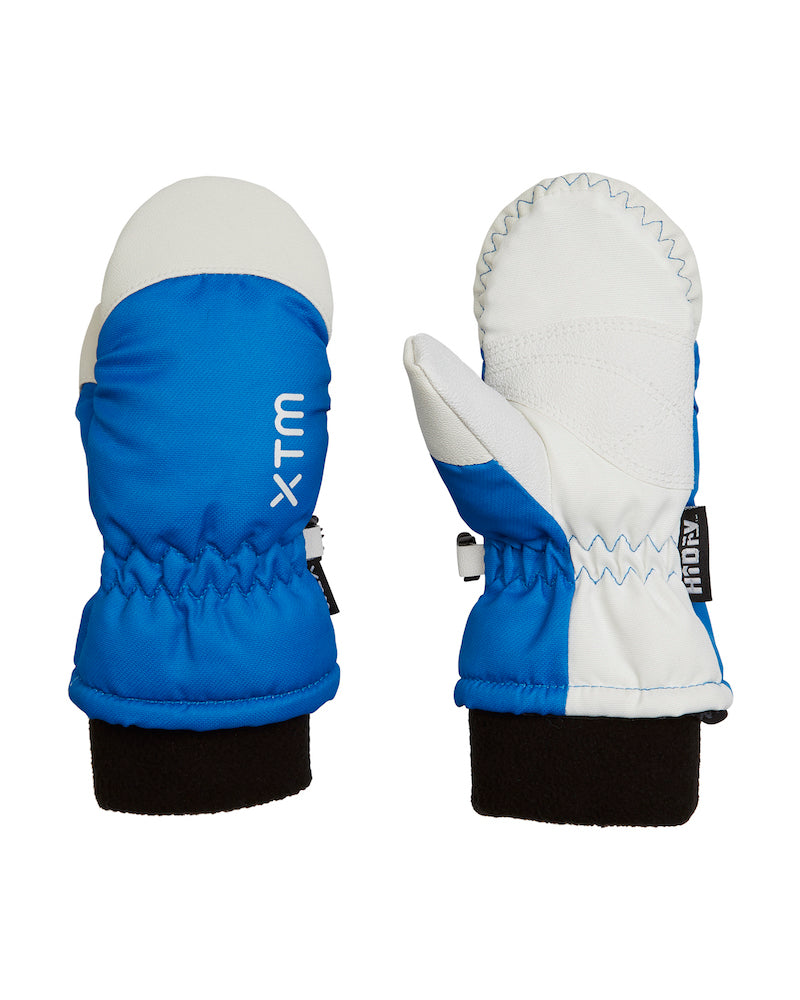 Blue and white mittens with XTM branding on a white background