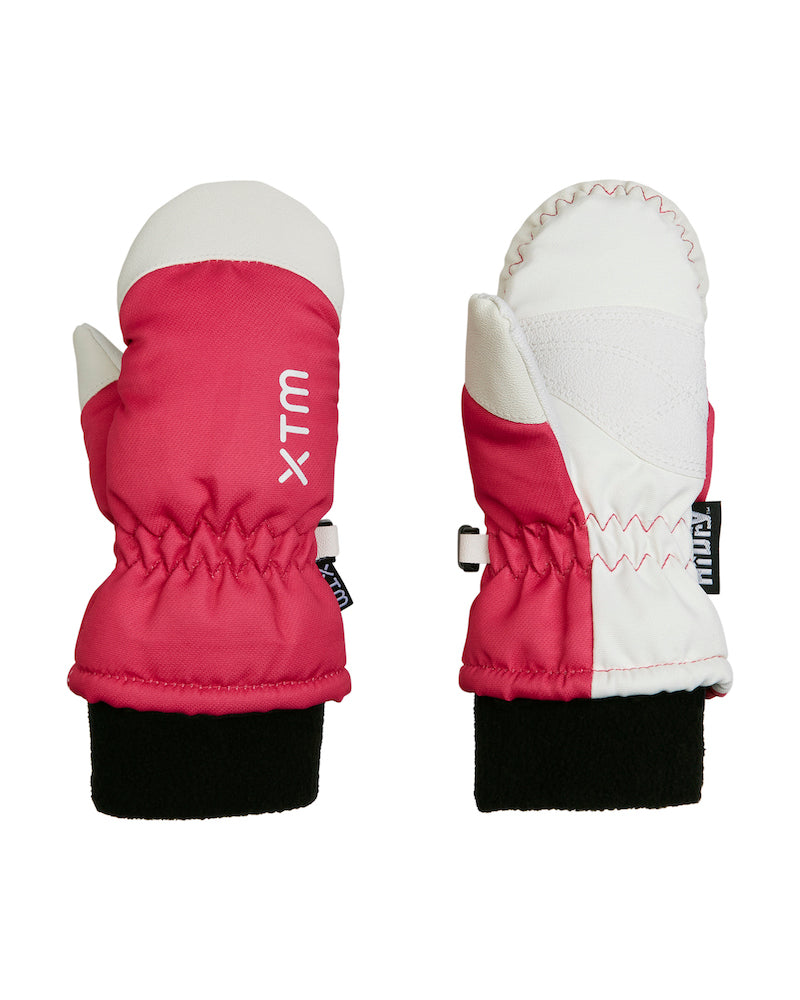 Pair of pink and white mittens with visible brand logo on a white background