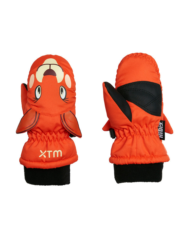 Orange children's mittens with cartoon face design on a white background