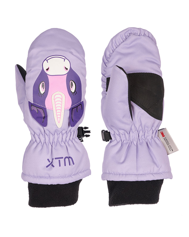 Pair of purple children's mittens with a cartoon character design on a white background