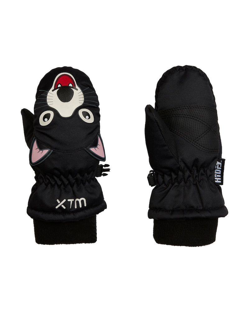 Black mittens with cartoon face design on a white background