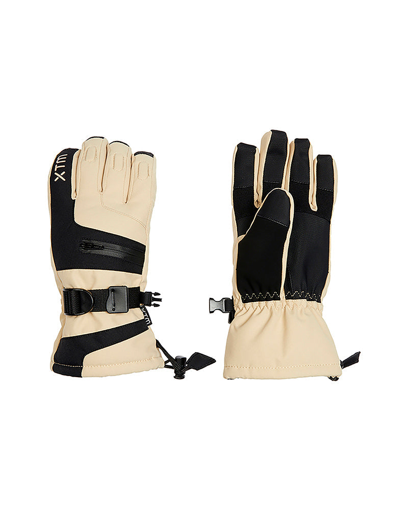 Pair of beige almond and black gloves on a white background