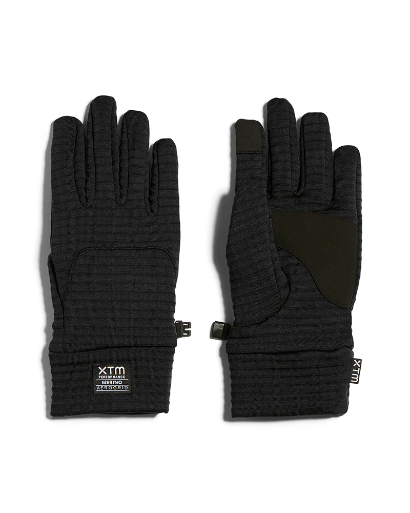 Pair of black gloves with XTM branding on a white background merino womens mens unisex aerogrid wool blend