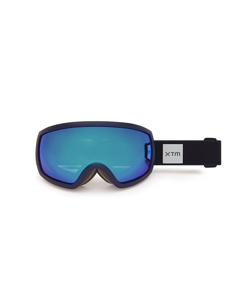 Blue ski goggles with black frame on a white background