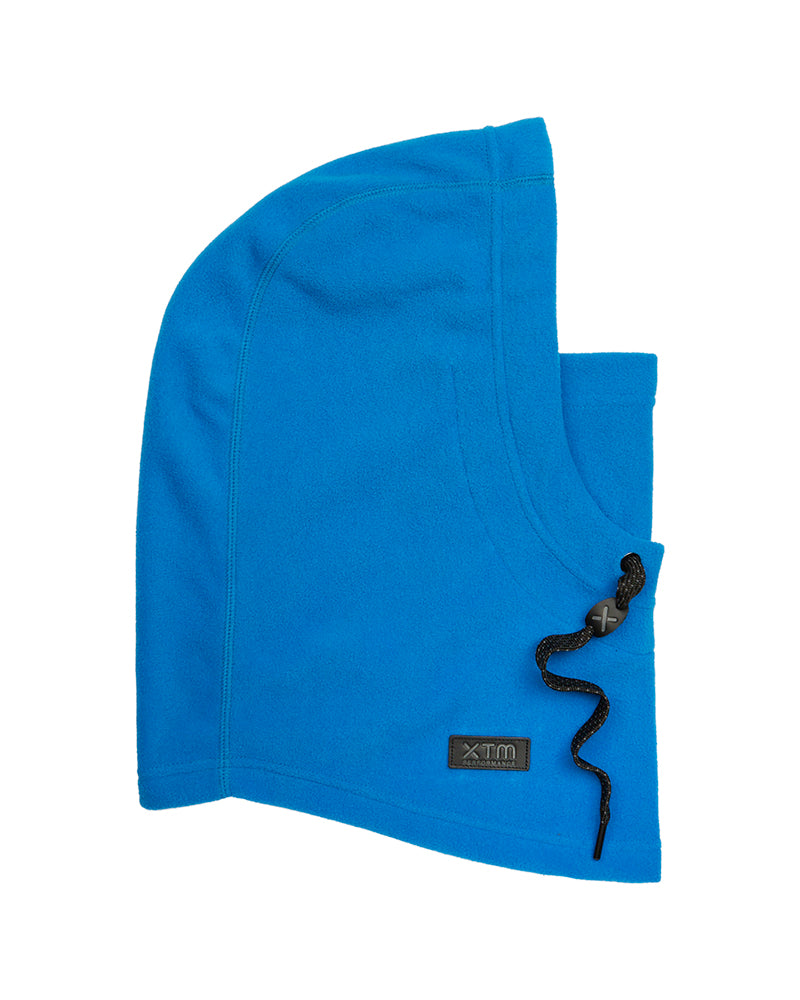 A bright blue fleece balaclava hood with a black drawstring and a small black brand patch on the lower left, shown on a plain white background.