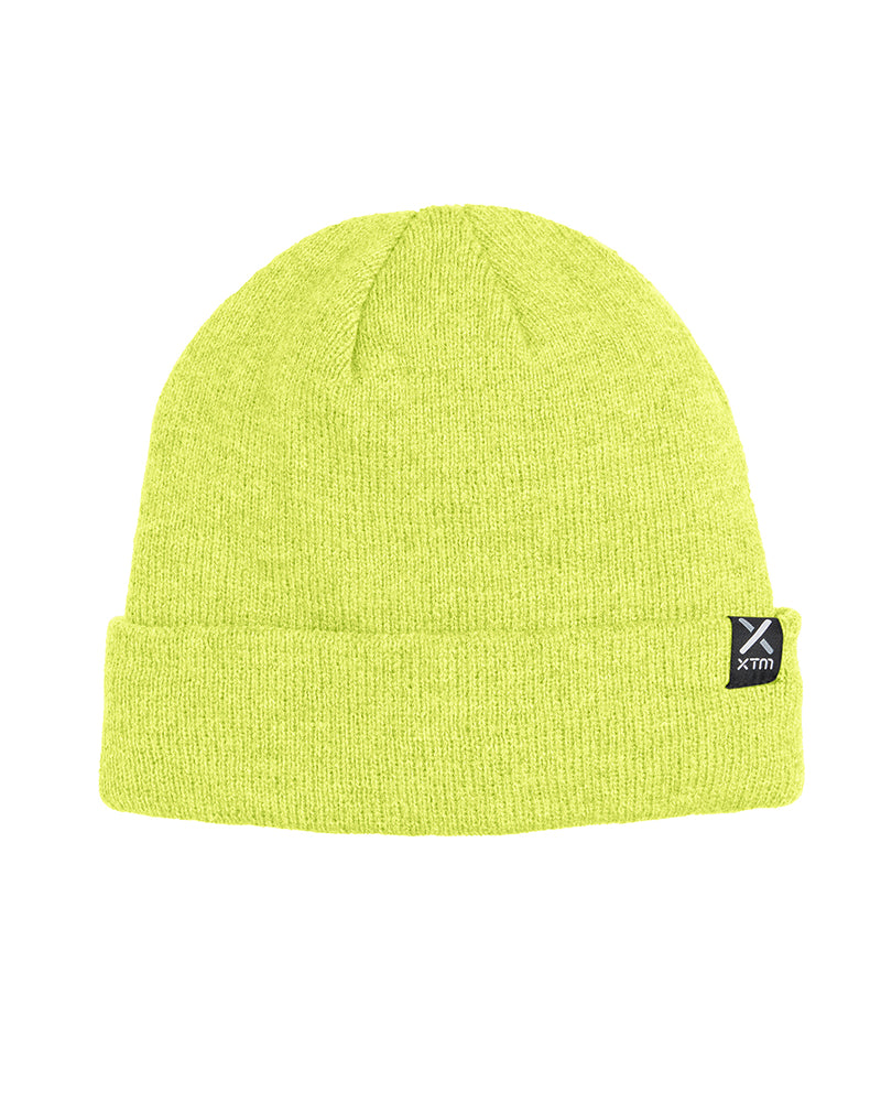 Yellow beanie with a brand logo on a white background