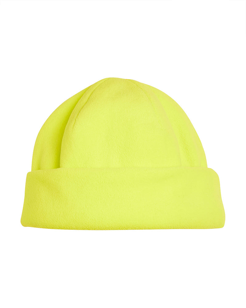 A bright neon yellow fleece beanie hat with a folded cuff, shown against a plain white background.