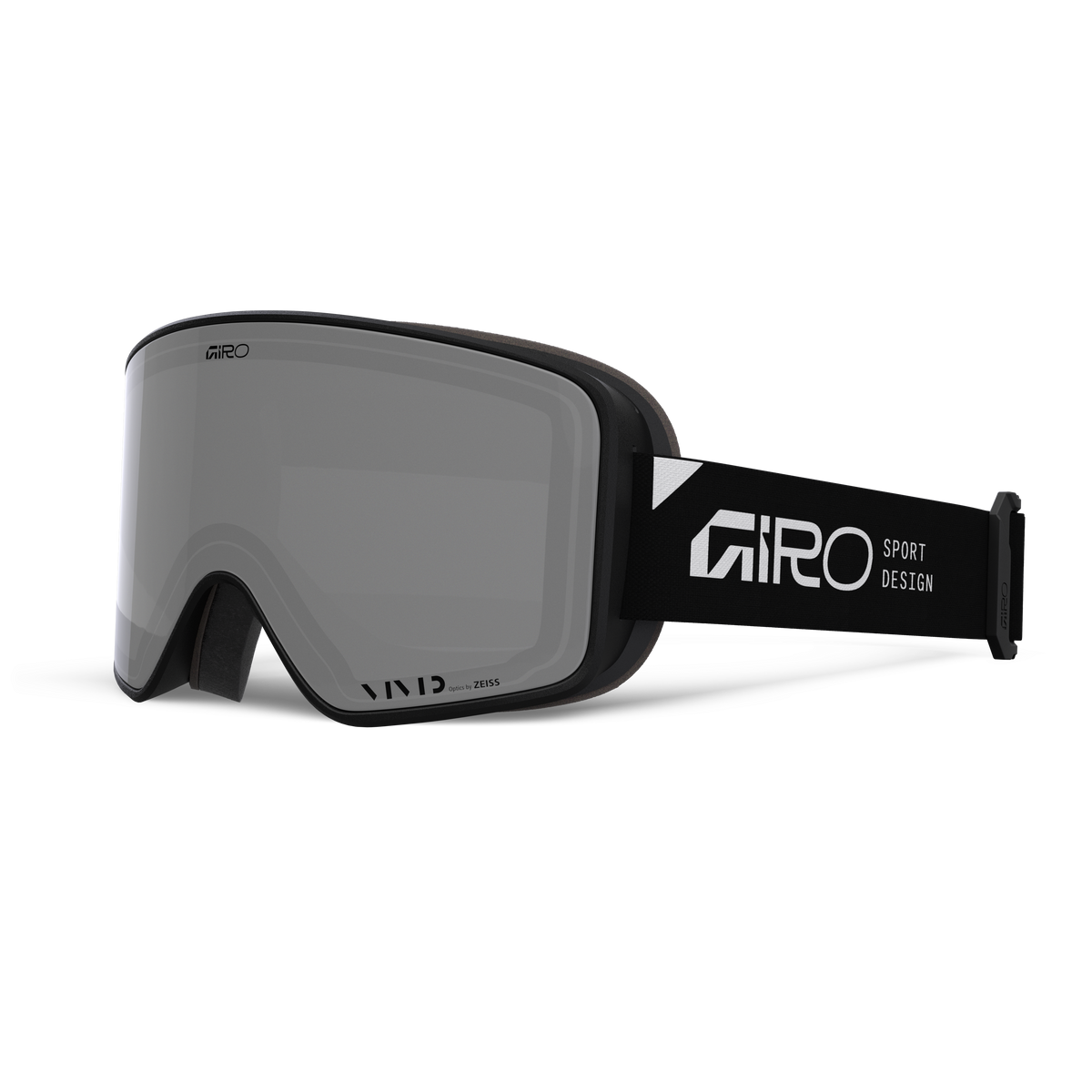 Giro ski goggles with a matte black frame, a dark gray lens, and a black strap featuring the white Giro logo and 'SPORT DESIGN' text, shown on a clean white background. method II vivid onyx