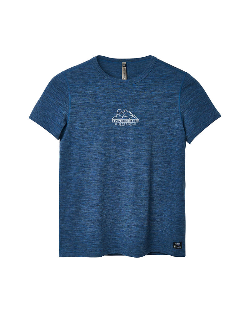 A blue heathered short-sleeve t-shirt with a white Patagonia logo printed on the center chest, displayed against a solid white background. XTM indigo merino wool base layer t-shirt women's womens