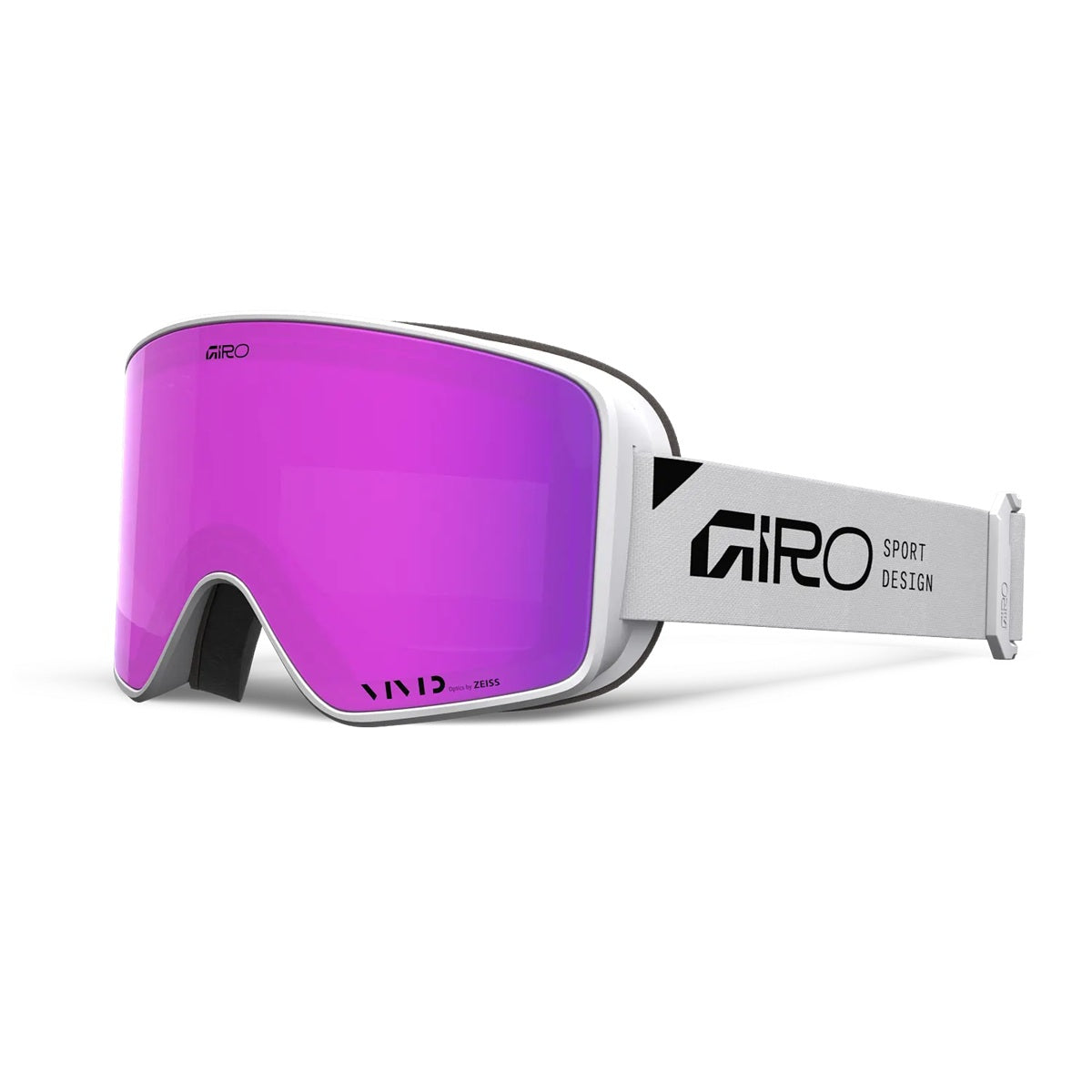 Giro ski goggles with purple lens on a light gray background white stacked vivid pink infrared method II