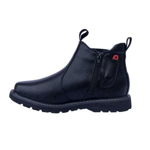 Black leather boot with a red zipper pull on a white background Mens