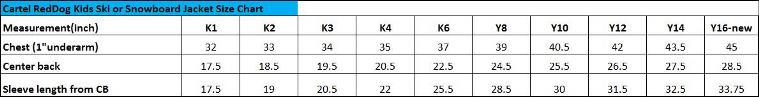 Cartel RedDog kids ski or snowboard jacket size chart