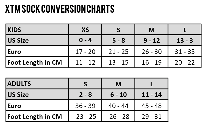 XTM Socks Size Chart