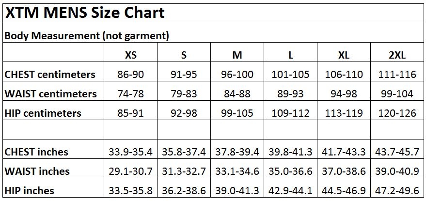 XTM Mens size chart 2018