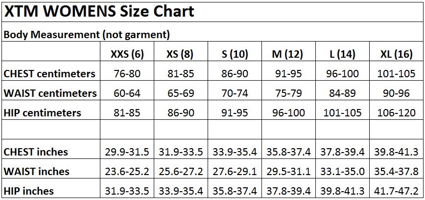 XTM Womens Size Chart 2018