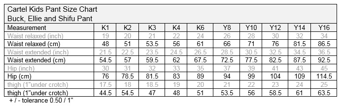 Cartel Kids Ski Pant Size Chart